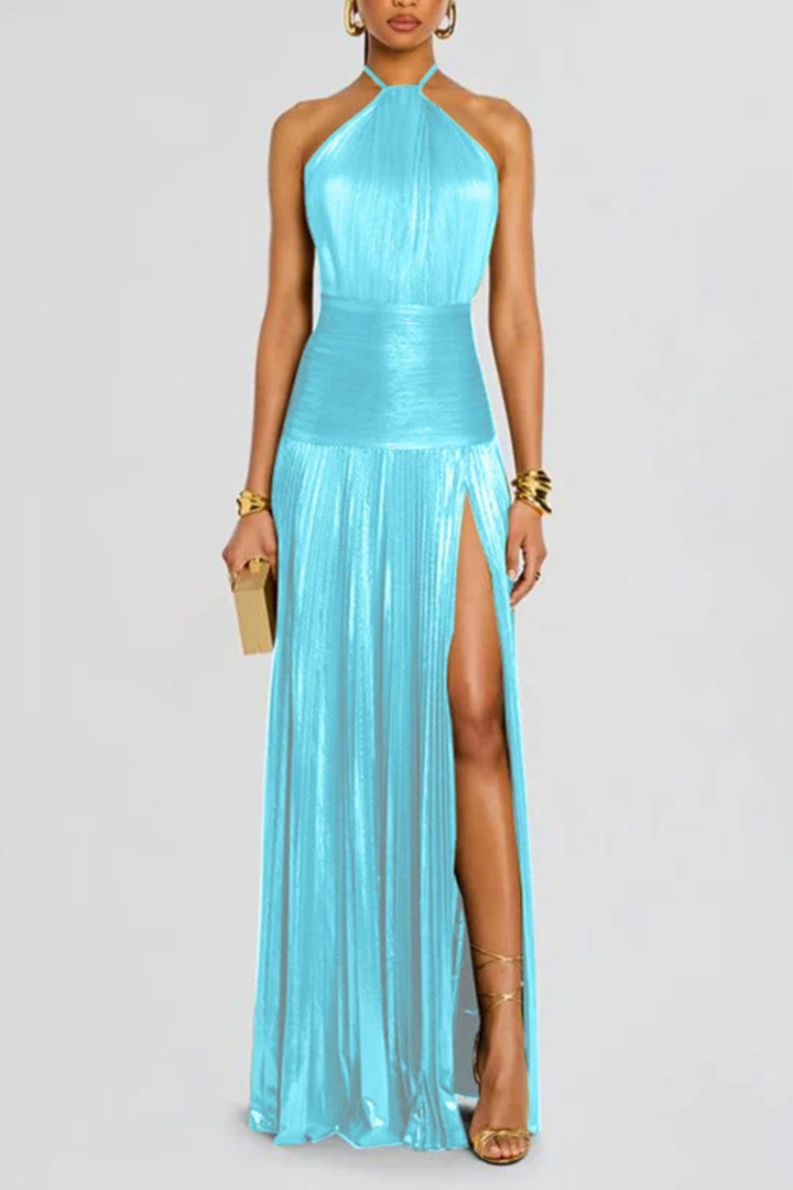 Zinara | Women's Halter Neck Pleated Maxi Wedding Guest Dress