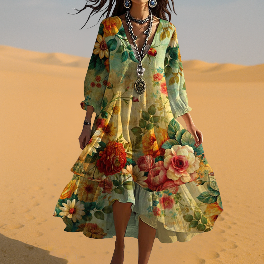 Noira | Women's Boho Floral V-Neck Midi Dress
