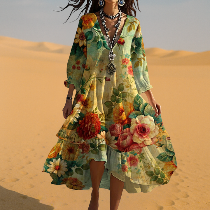 Noira | Women's Boho Floral V-Neck Midi Dress