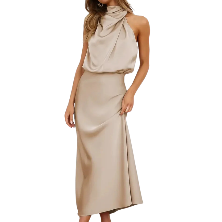 Solene | Elegant Halter Neck Satin Midi Dress