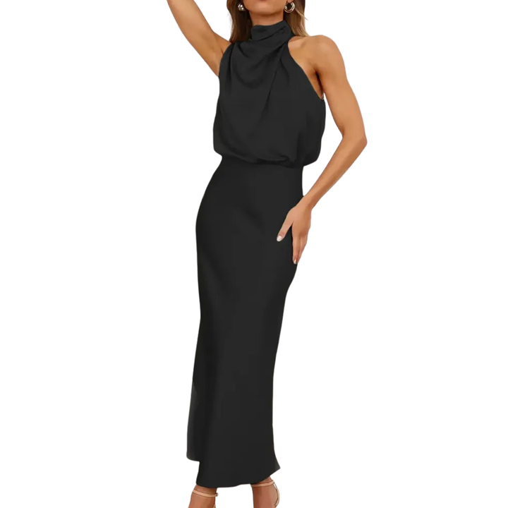 Solene | Elegant Halter Neck Satin Midi Dress