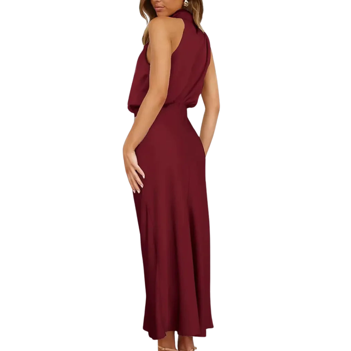 Solene | Elegant Halter Neck Satin Midi Dress