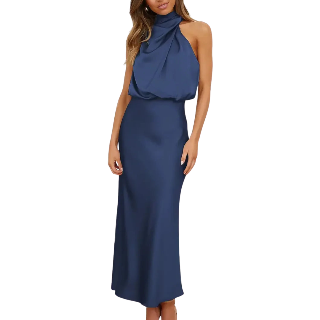 Solene | Elegant Halter Neck Satin Midi Dress