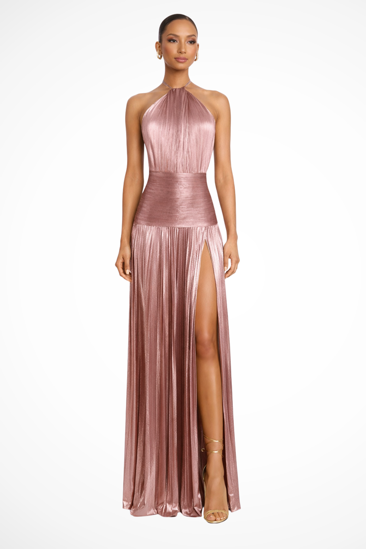 Zinara | Women's Halter Neck Pleated Maxi Wedding Guest Dress