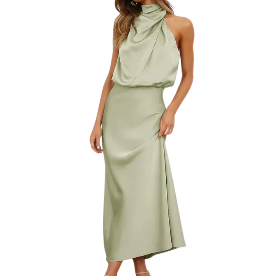Solene | Elegant Halter Neck Satin Midi Dress