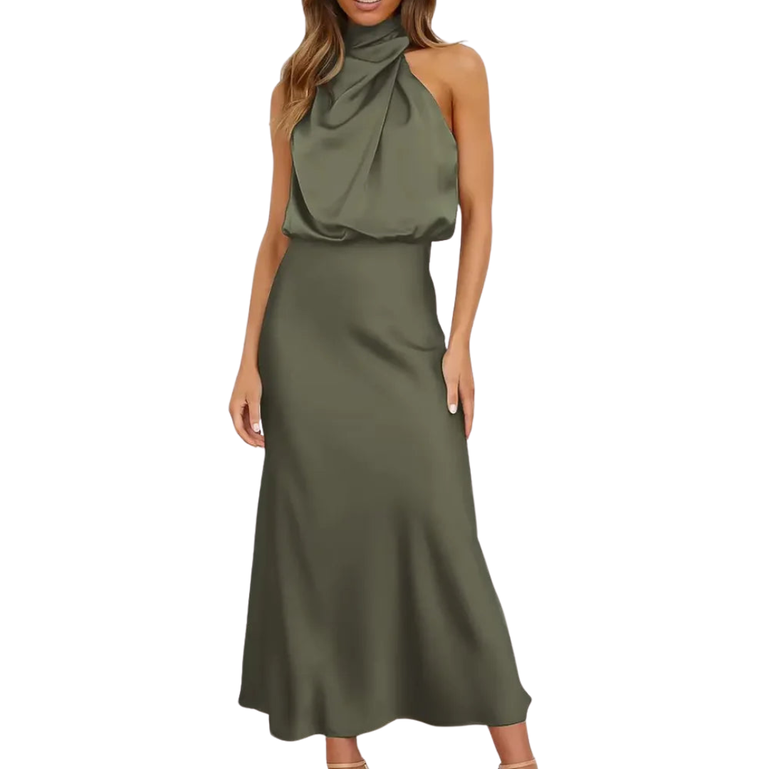 Solene | Elegant Halter Neck Satin Midi Dress