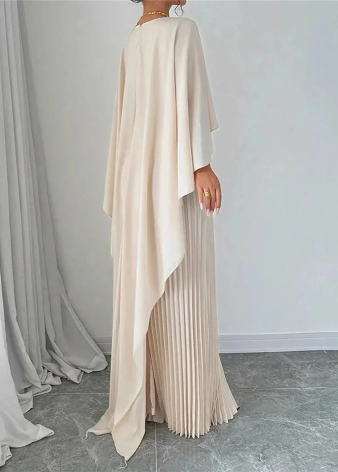 Ismay | Women's Elegant Cape Overlay Pleated Maxi Dress