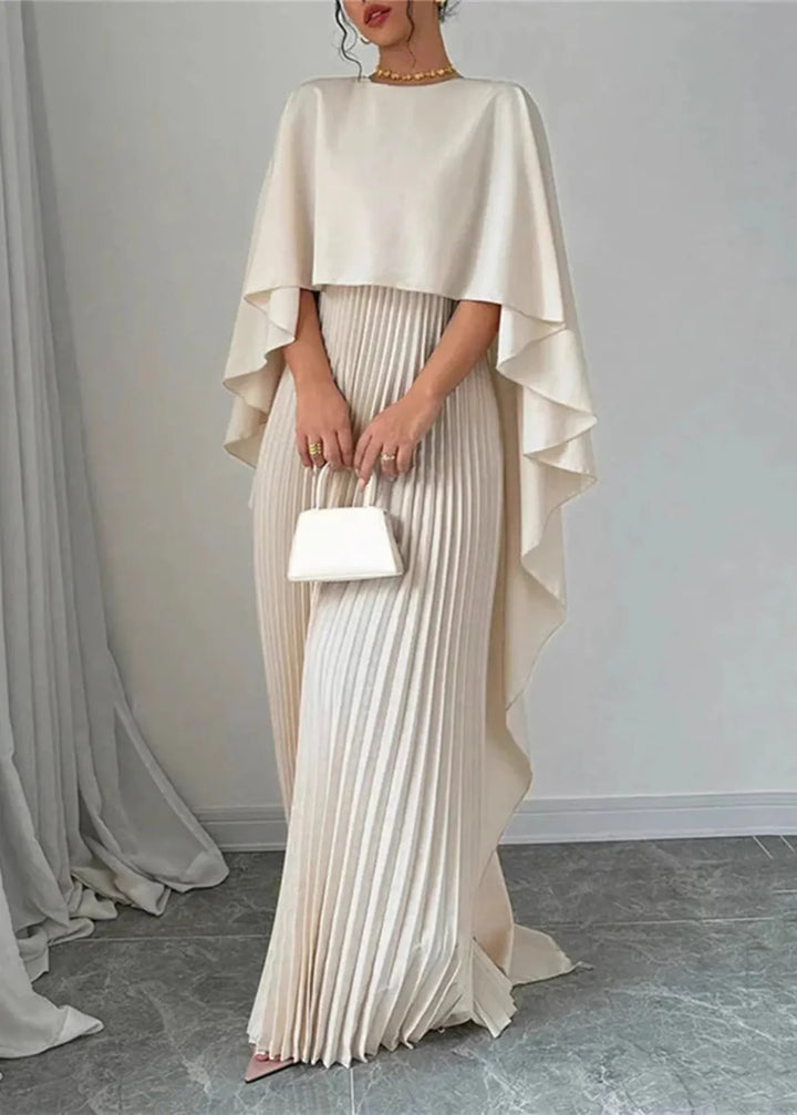 Ismay | Women's Elegant Cape Overlay Pleated Maxi Dress