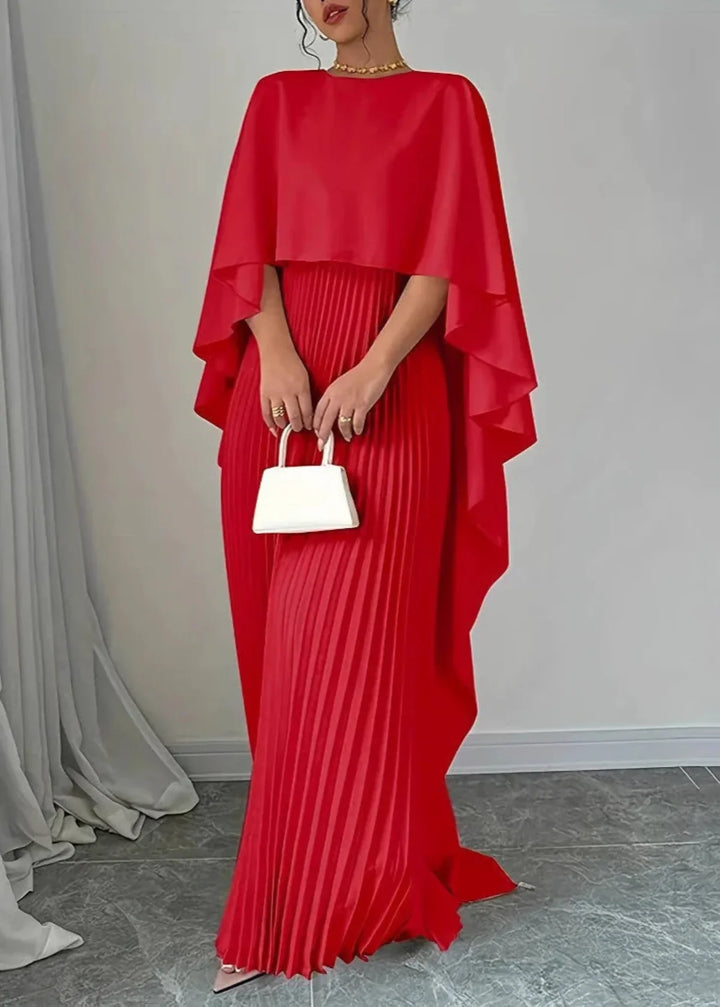Ismay | Women's Elegant Cape Overlay Pleated Maxi Dress