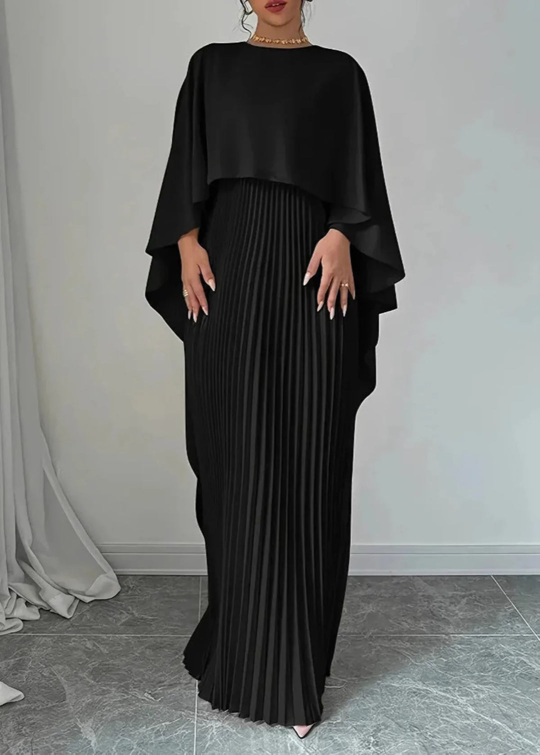 Ismay | Women's Elegant Cape Overlay Pleated Maxi Dress
