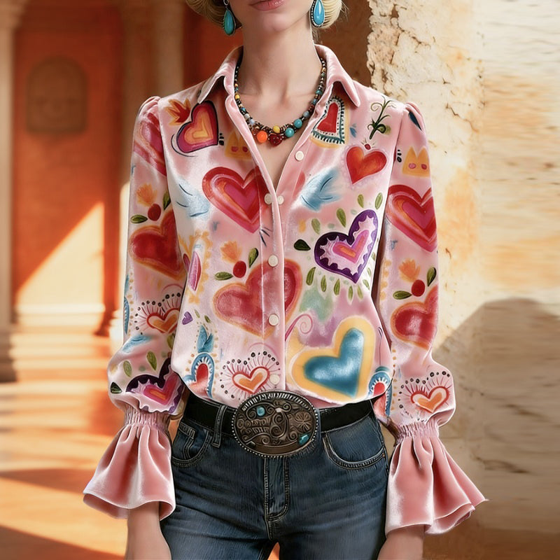 Elspeth | Women's Retro Heart Print Long Sleeve Blouse