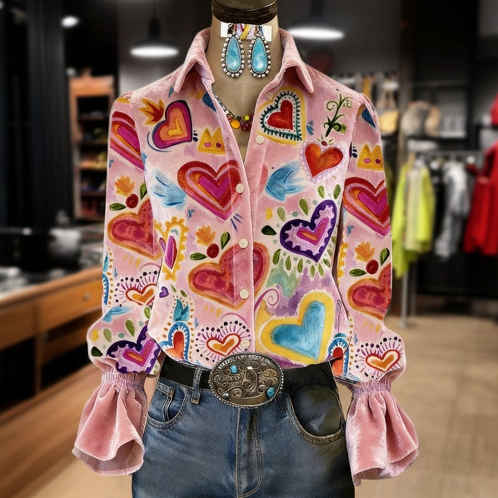 Elspeth | Women's Retro Heart Print Long Sleeve Blouse
