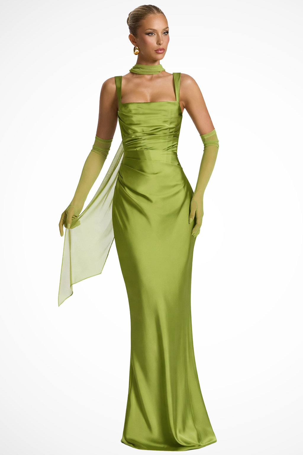 Yvarelle | Women's Square Neck Ruched Satin Maxi Wedding Guest Dress