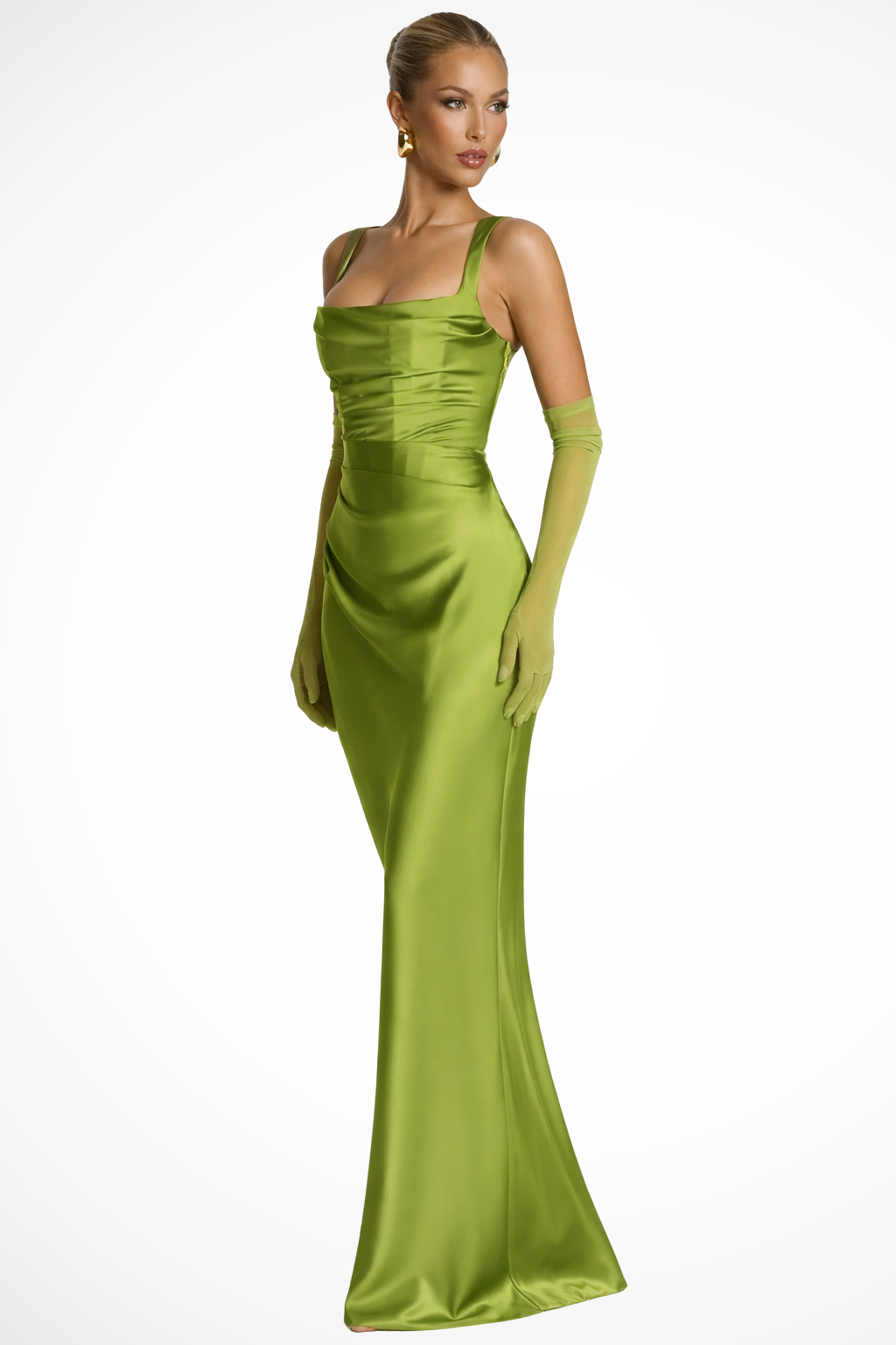 Yvarelle | Women's Square Neck Ruched Satin Maxi Wedding Guest Dress