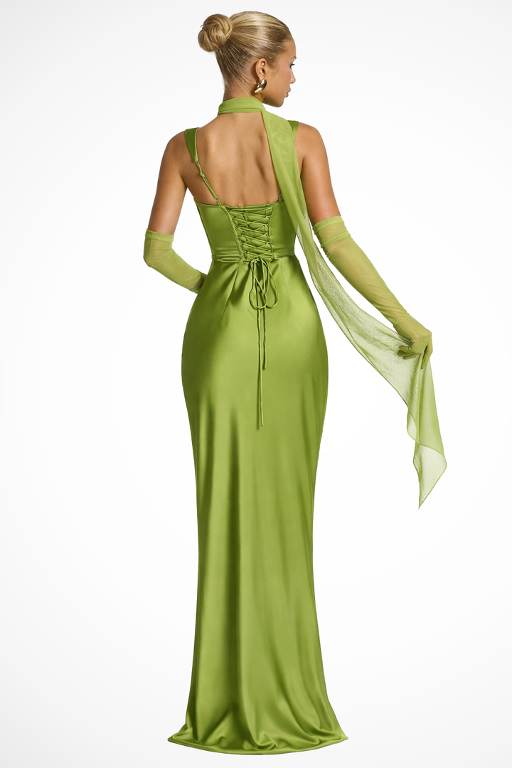 Yvarelle | Women's Square Neck Ruched Satin Maxi Wedding Guest Dress