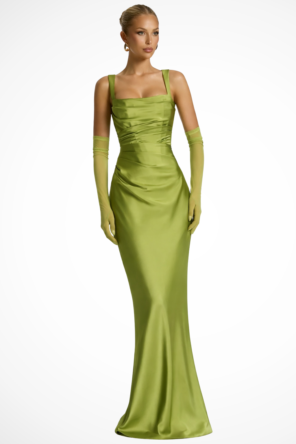 Yvarelle | Women's Square Neck Ruched Satin Maxi Wedding Guest Dress