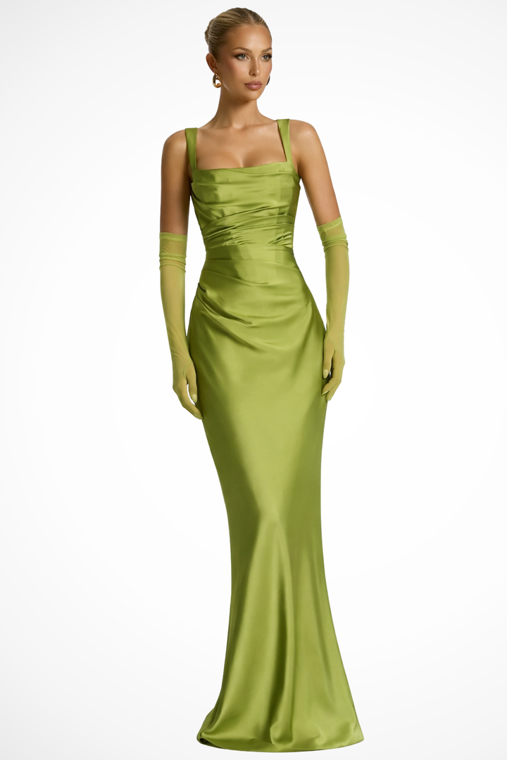 Yvarelle | Women's Square Neck Ruched Satin Maxi Wedding Guest Dress