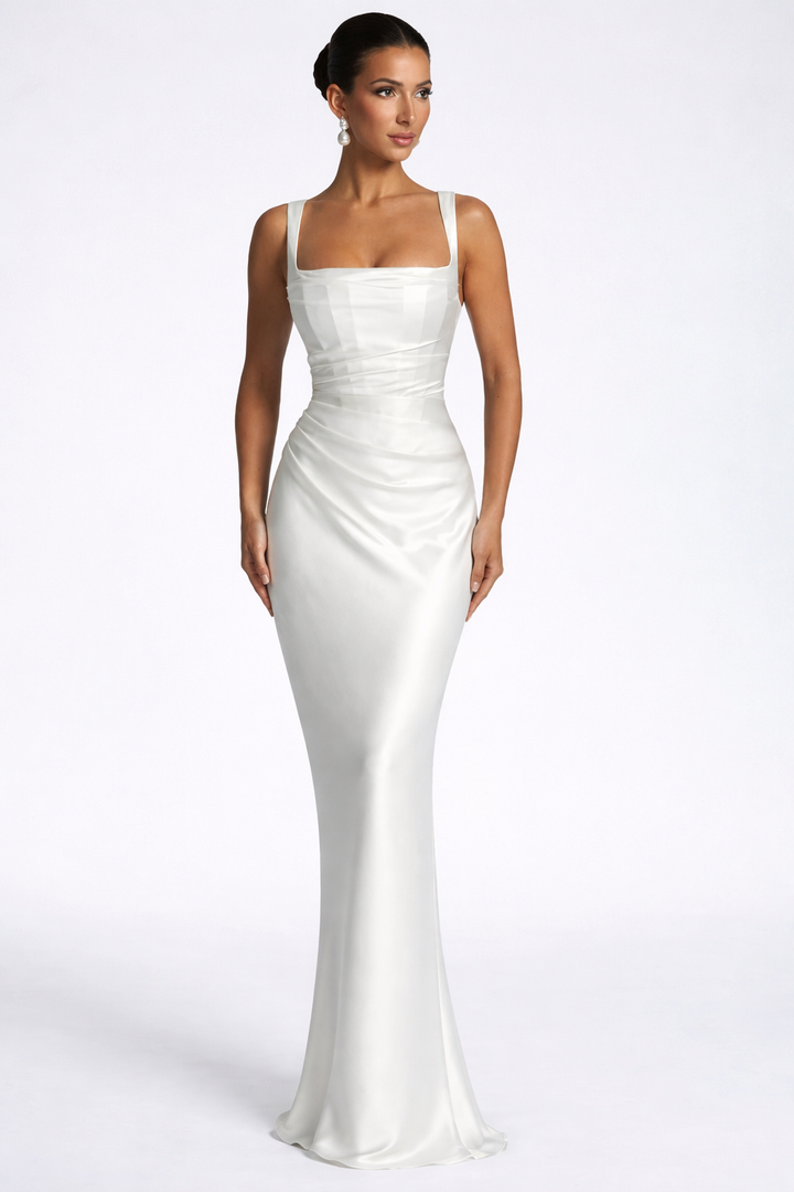 Yvarelle | Women's Square Neck Ruched Satin Maxi Wedding Guest Dress