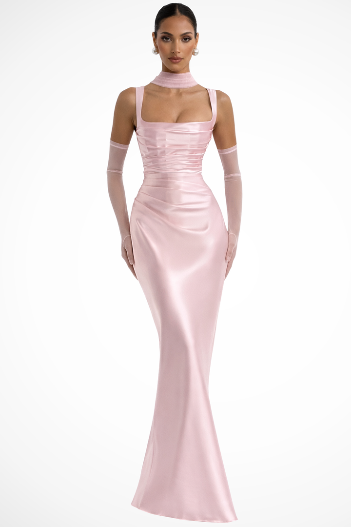 Yvarelle | Women's Square Neck Ruched Satin Maxi Wedding Guest Dress