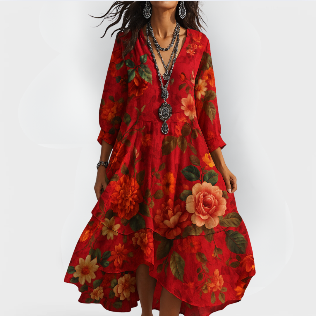Noira | Women's Boho Floral V-Neck Midi Dress