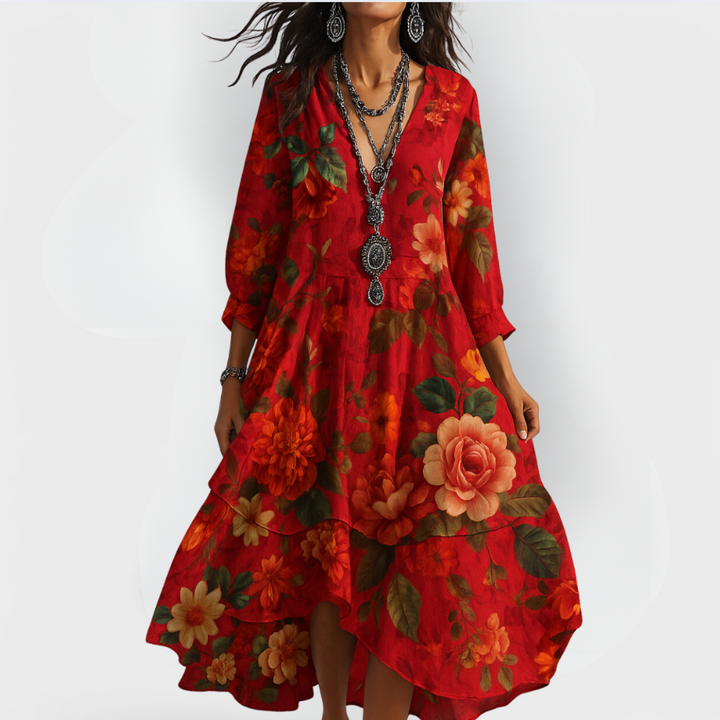 Noira | Women's Boho Floral V-Neck Midi Dress