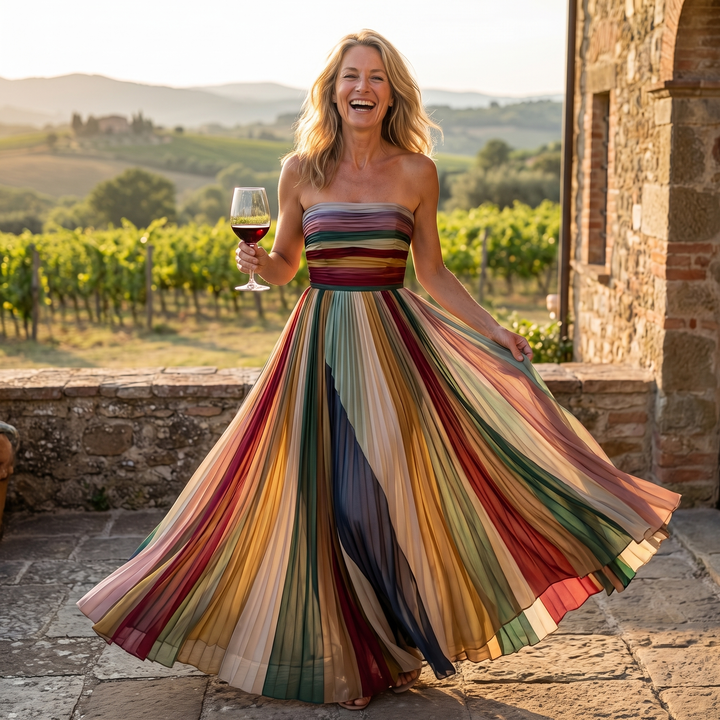 Avery | Pleated Rainbow Strapless Maxi Dress