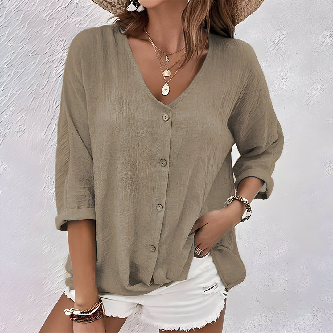 Marcia | Women's Casual V-Neck Button-Up Linen Blouse