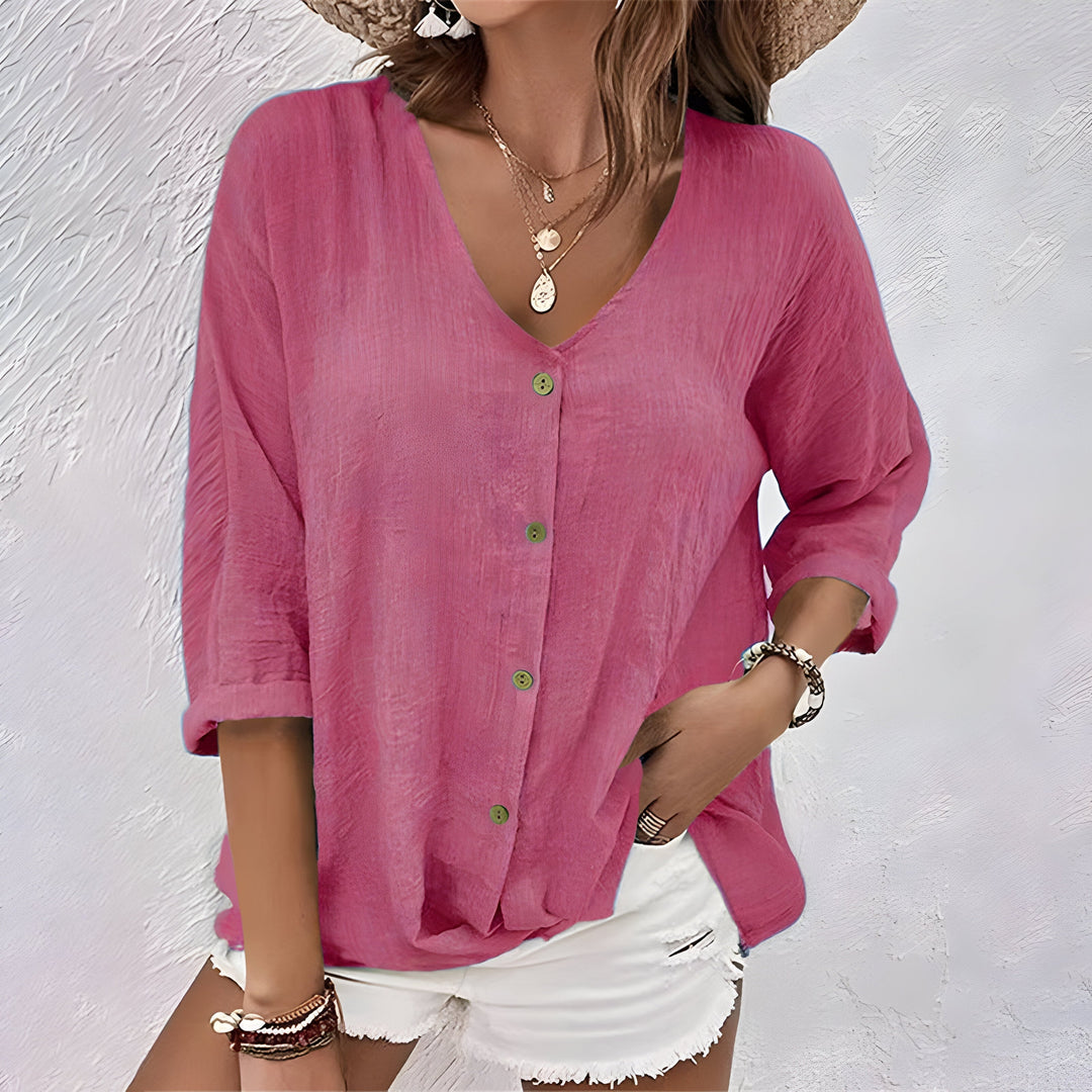 Marcia | Women's Casual V-Neck Button-Up Linen Blouse