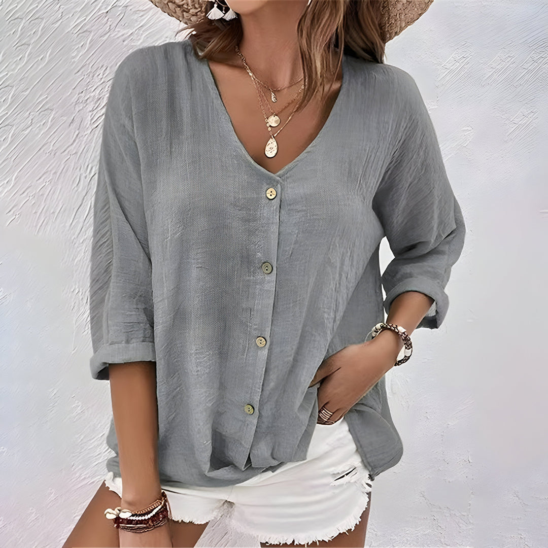 Marcia | Women's Casual V-Neck Button-Up Linen Blouse