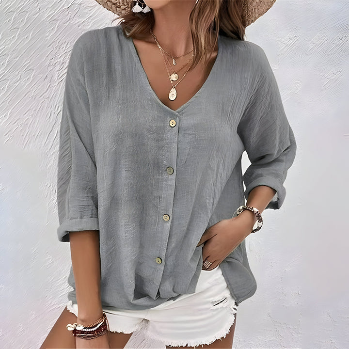 Marcia | Women's Casual V-Neck Button-Up Linen Blouse