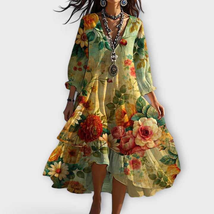 Noira | Women's Boho Floral V-Neck Midi Dress